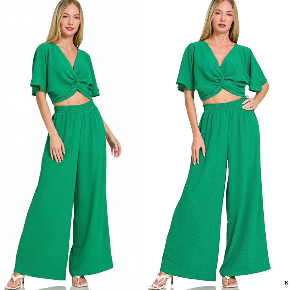 Women's Green Twisted Top And Wide-Leg Pants Set